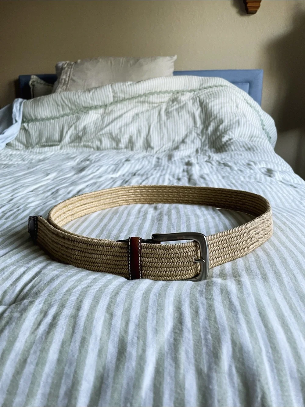 Men’s Brighton Palmer Woven Stretch Leather Belt Size 40 Cream Cognac